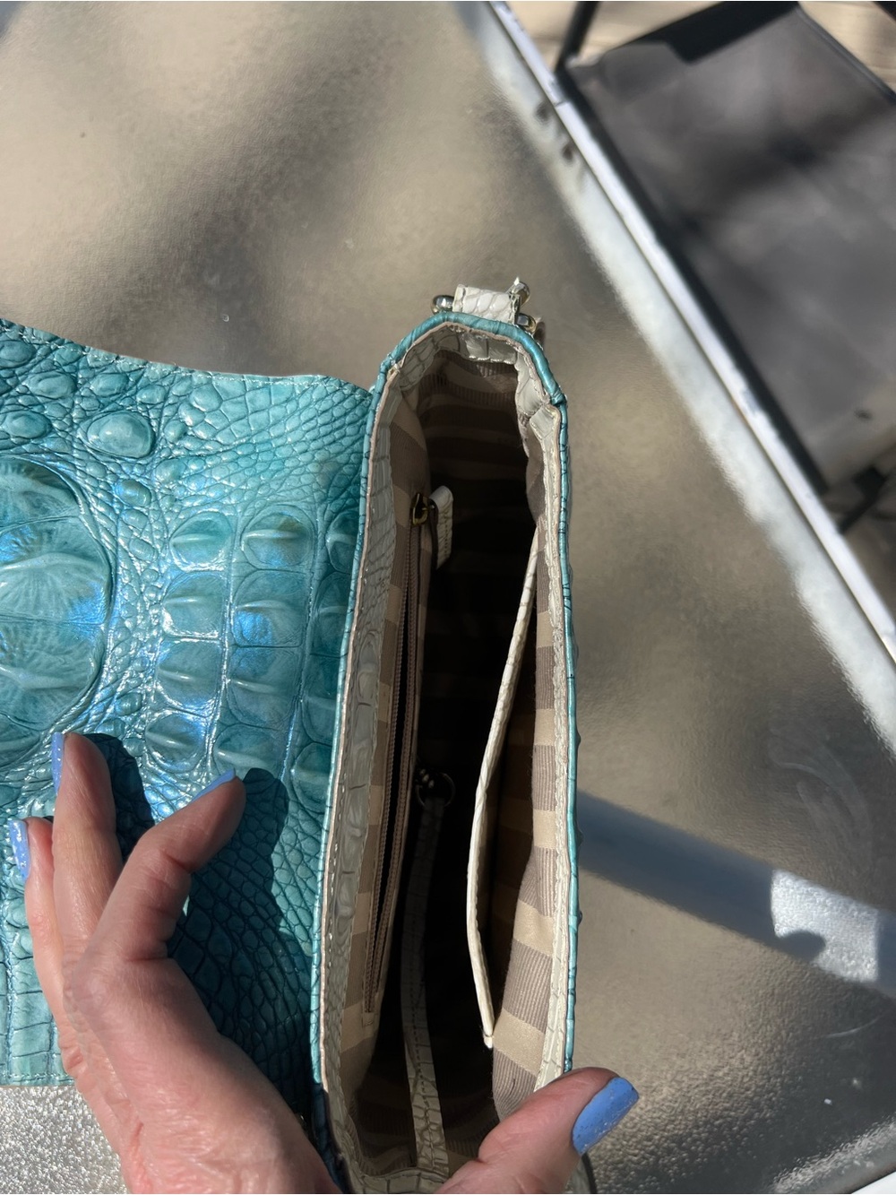 Brahmin Mini Sonny Turquoise Croc-Embossed Crossbody with White and Navy Trim - Picture 6 of 9